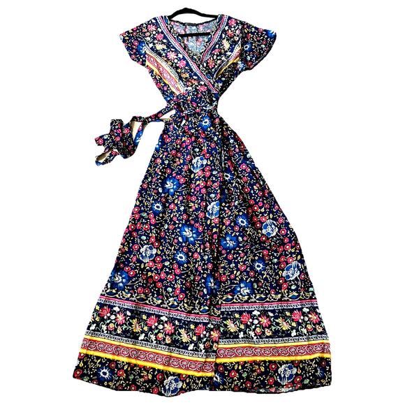 Y2K boho Maxi wrap Dress Floral indie festival Prairie Fairy Cottagecore s - Picture 1 of 16